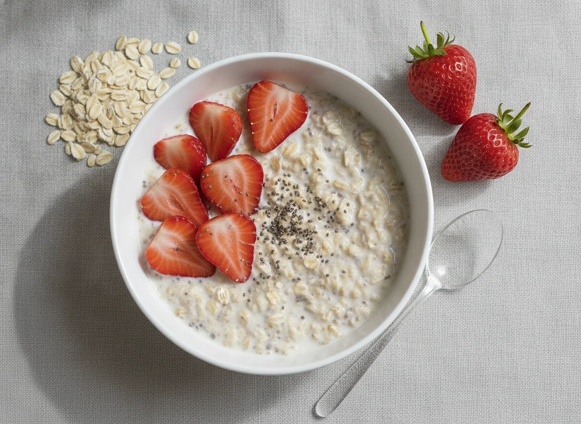 Overnight Oats mit Chiasamen und Erdbeeren photo