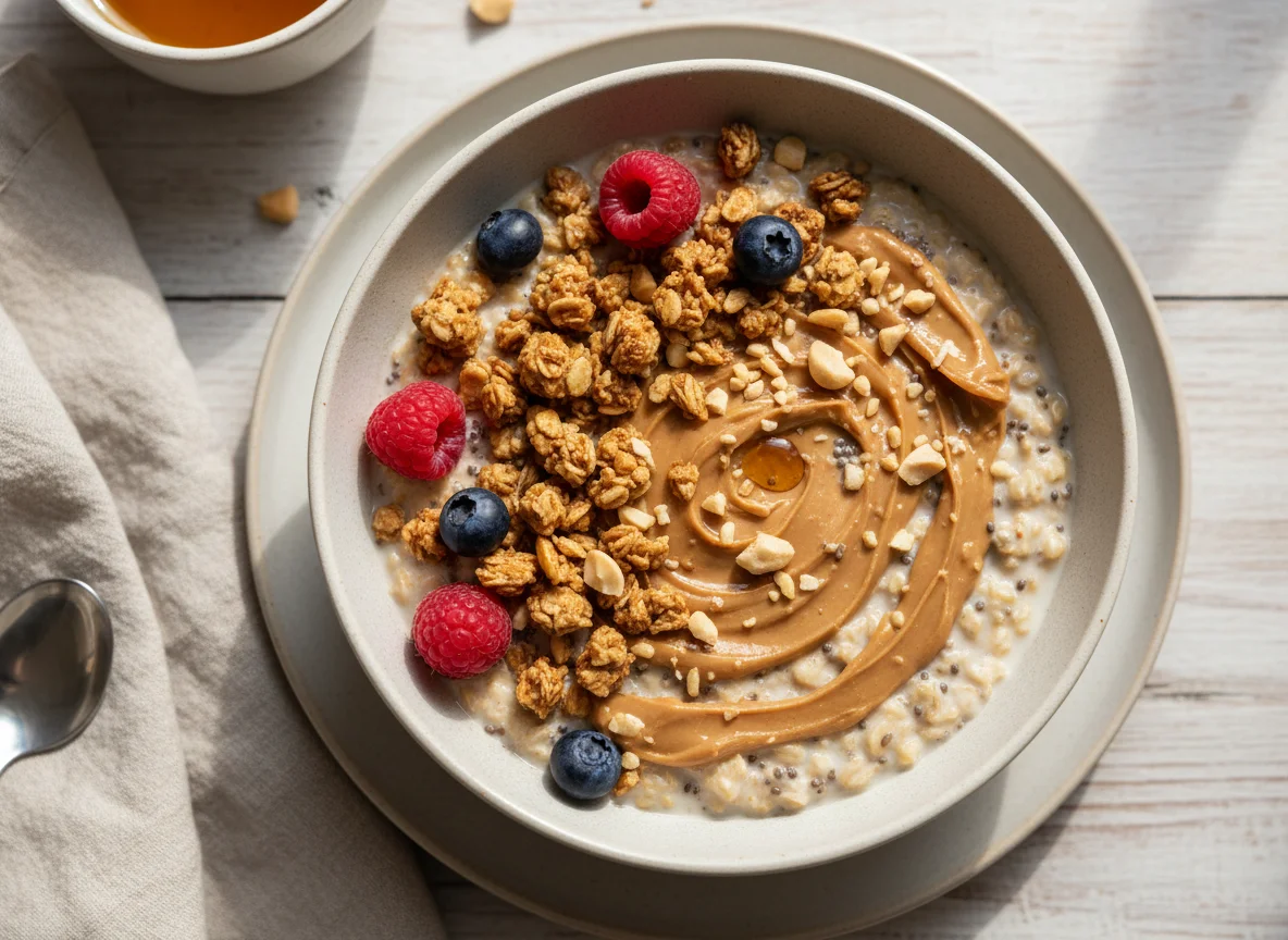 Overnight Oats mit Erdnussbutter und Granola photo