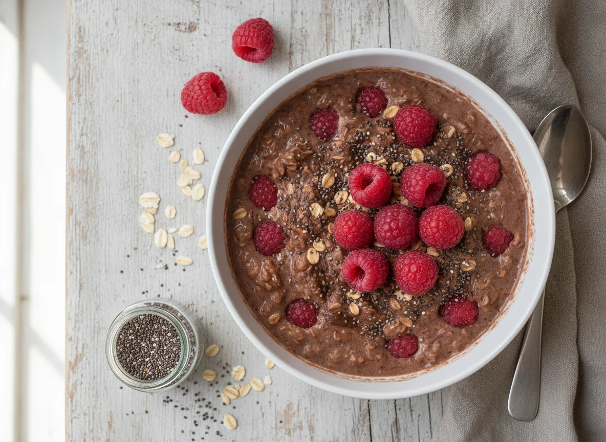 Overnight Oats mit Himbeeren und Chiasamen photo