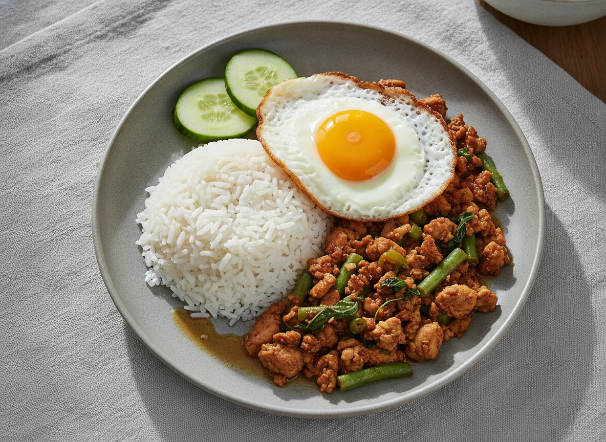 Pad Krapao mit Reis und Spiegelei photo