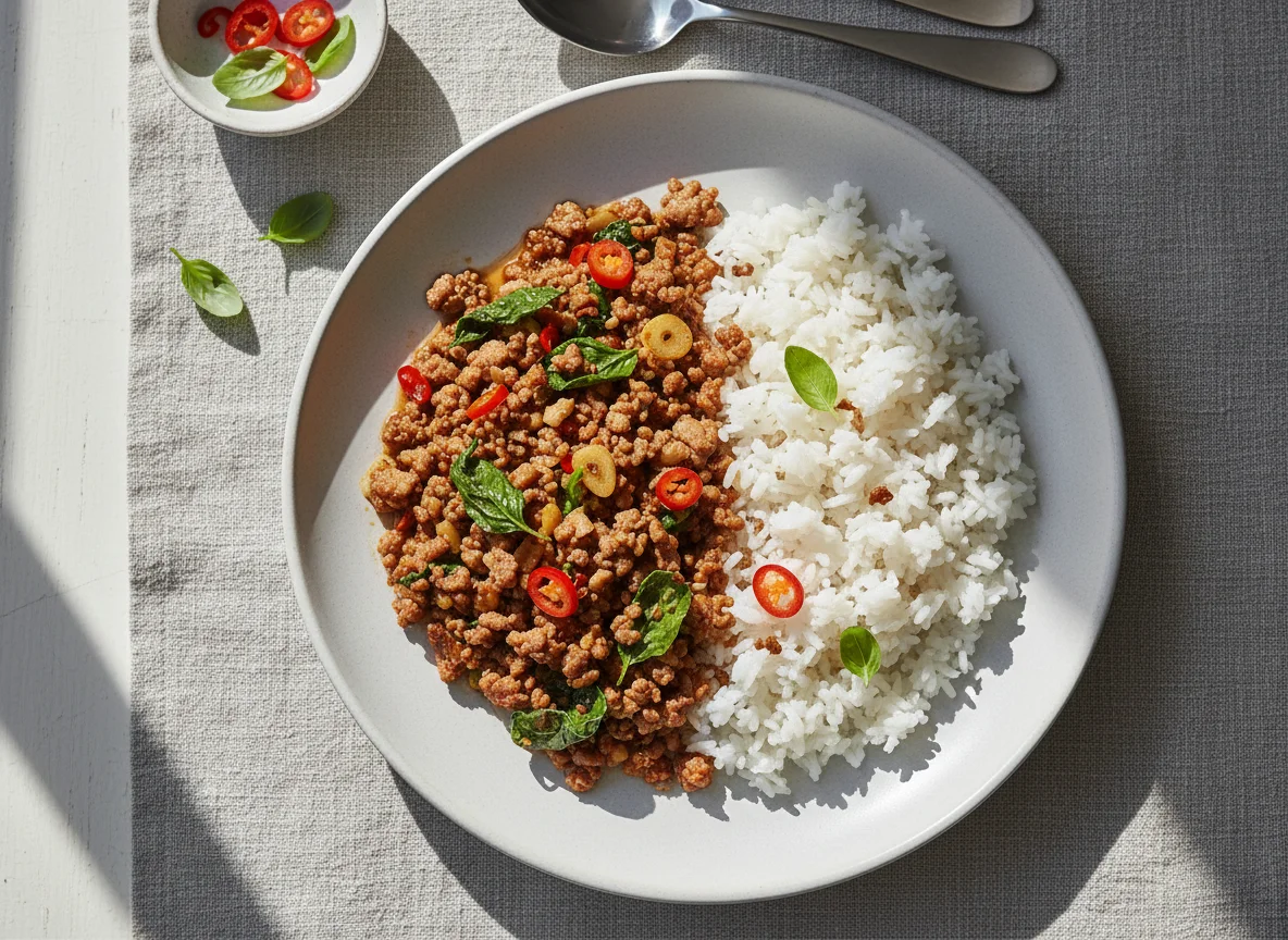 Pad Krapow Moo mit Reis photo