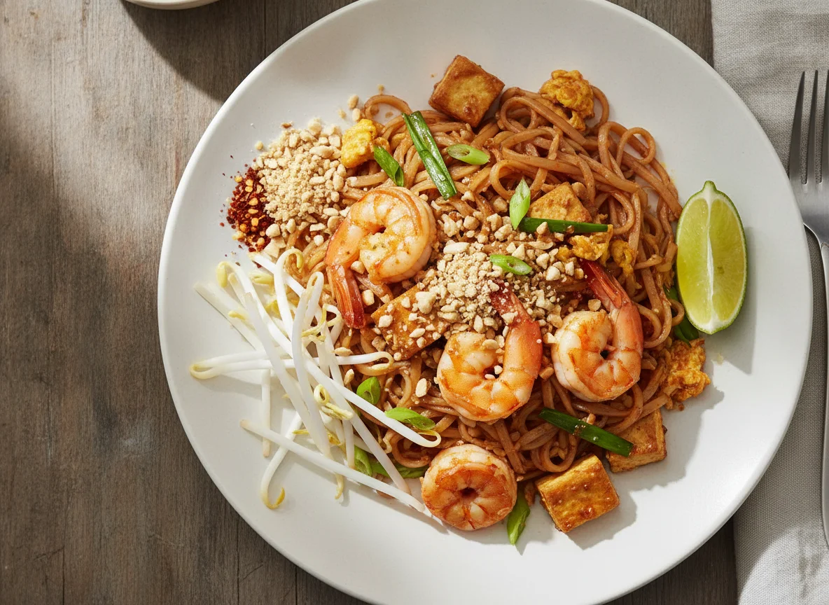 Pad Thai mit Garnelen und Tofu photo