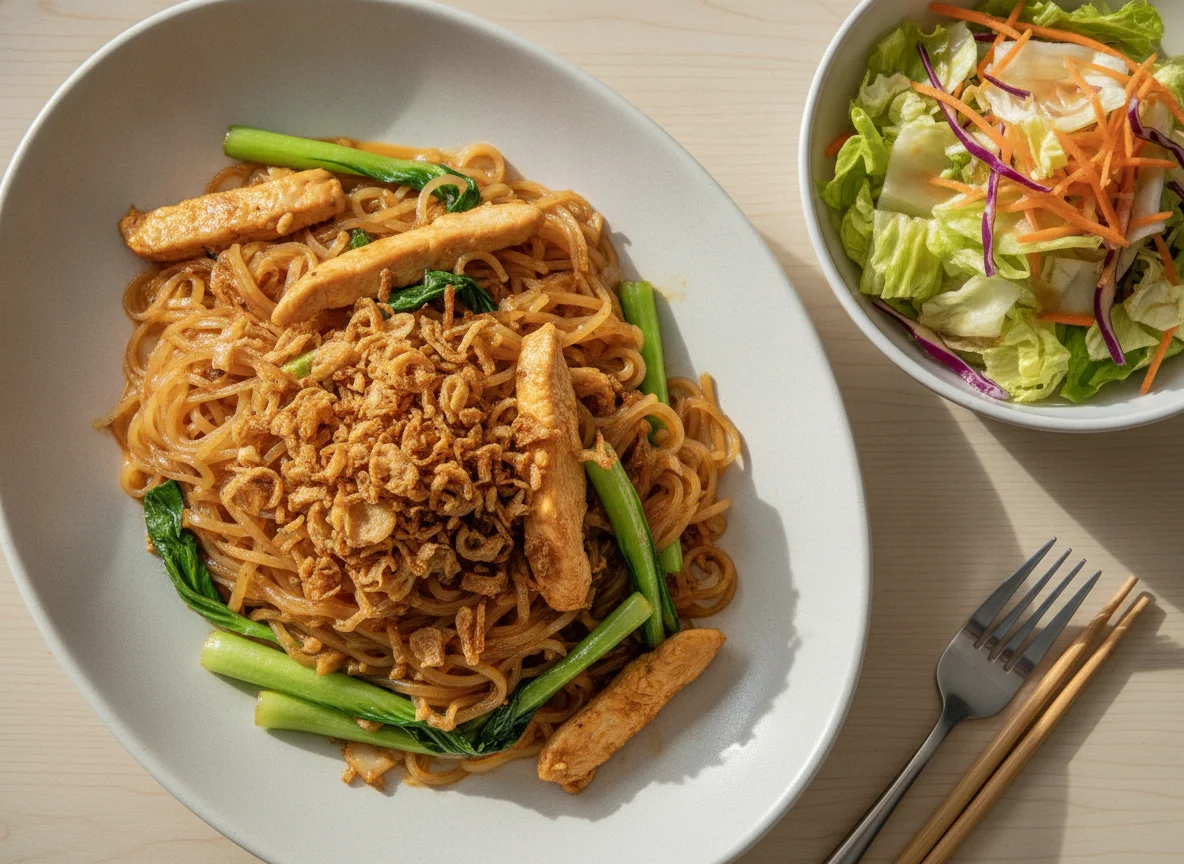 Pad Thai mit Hähnchen und Beilagensalat photo