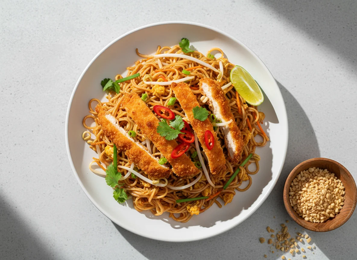 Pad Thai mit paniertem Hähnchen photo
