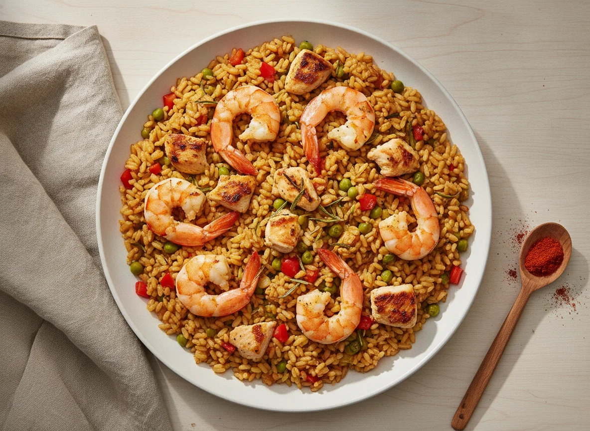 Paella mit Garnelen und Hähnchen photo