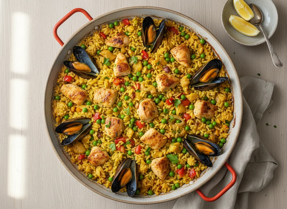 Paella mit Huhn und Meeresfrüchten photo