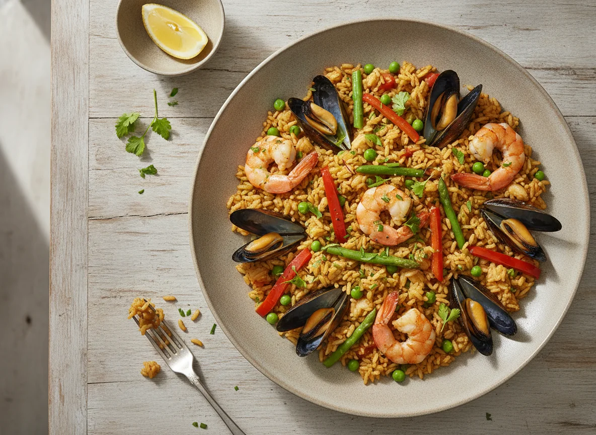 Paella mit Meeresfrüchten und Gemüse photo