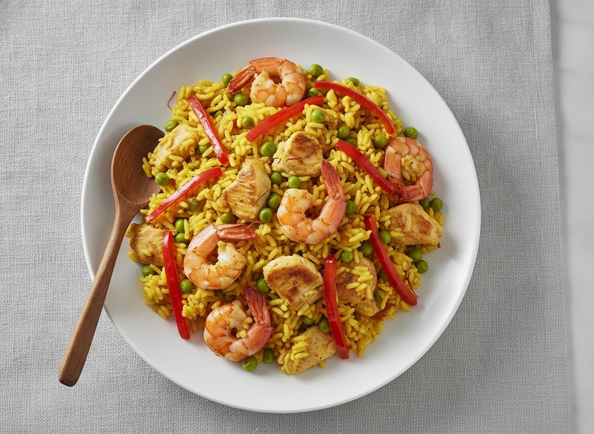 Paella mit Meeresfrüchten und Hähnchen photo