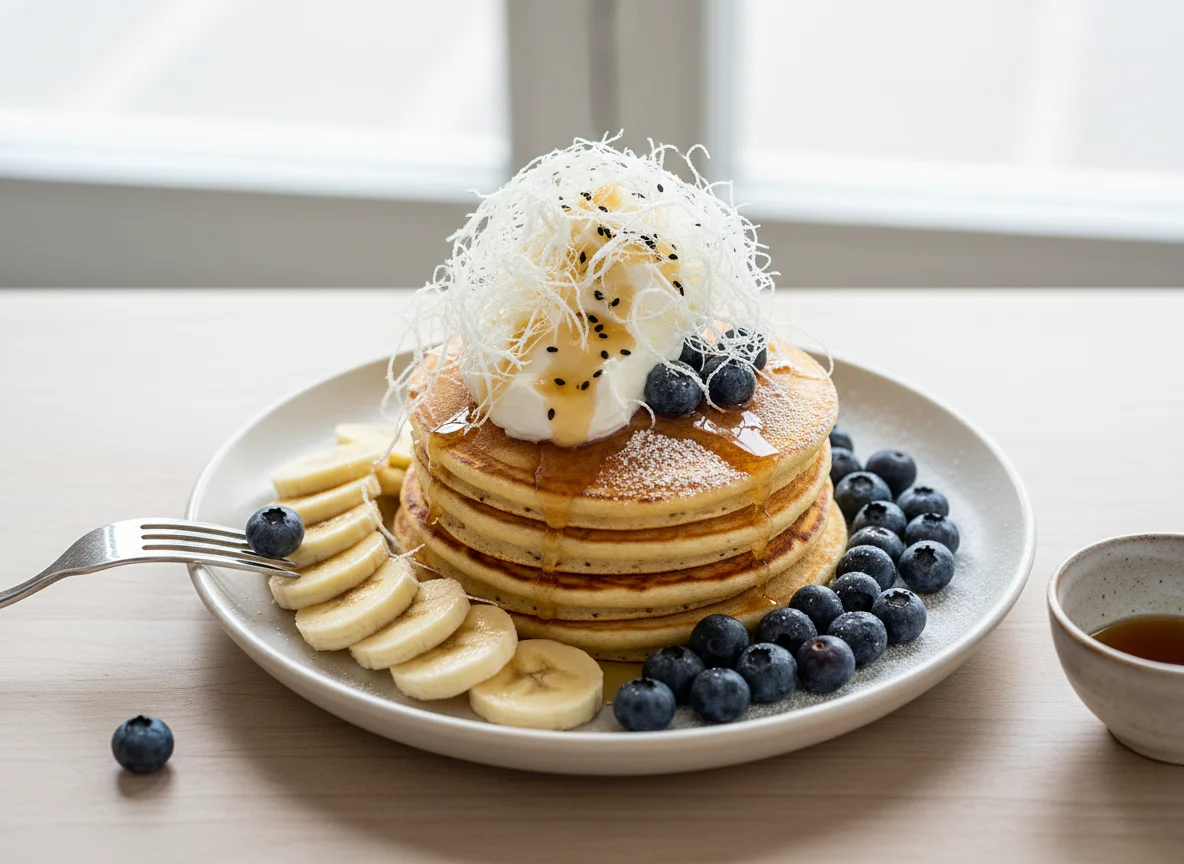 Pancakes mit Banane, Blaubeeren und Zuckerwatte photo