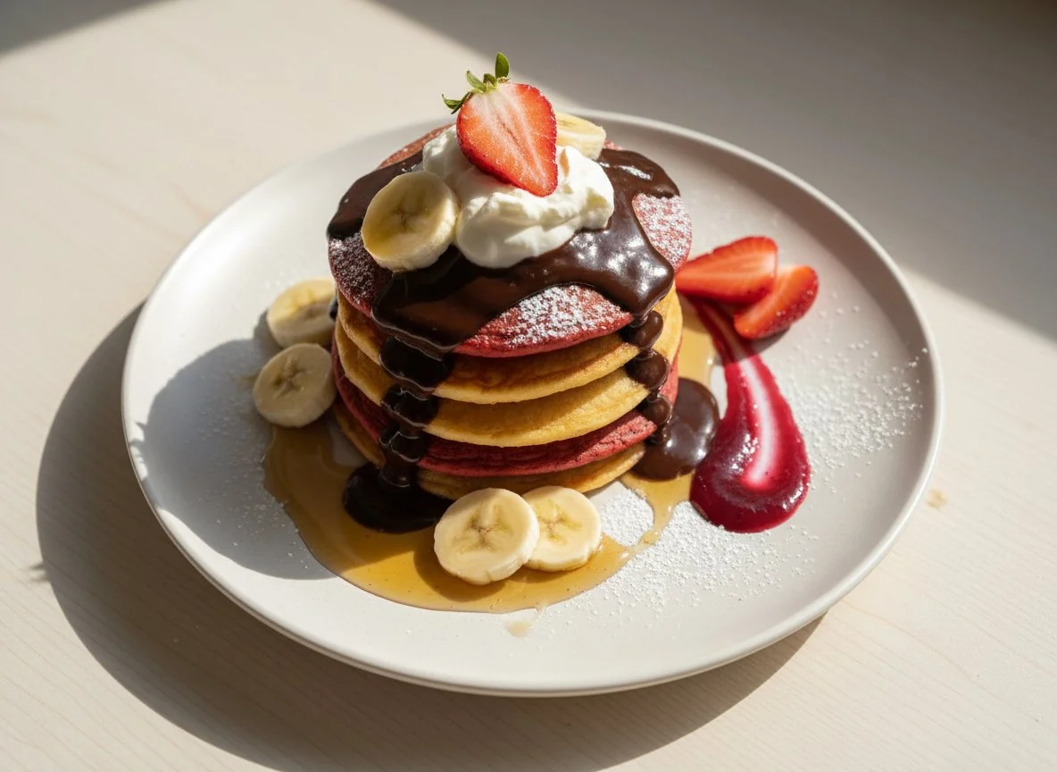 Pancakes mit Banane und Schokoladensauce photo