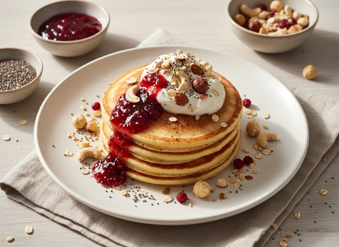 Pancakes mit Marmelade, Schlagsahne und Nüssen photo