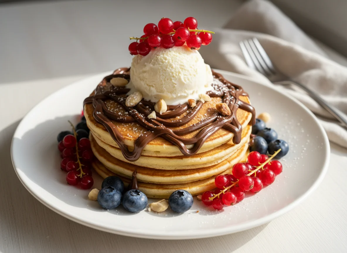 Pancakes mit Nutella, Eis und Beeren photo