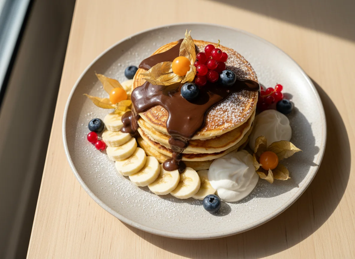Pancakes mit Schokoladensauce, Banane und Beeren photo