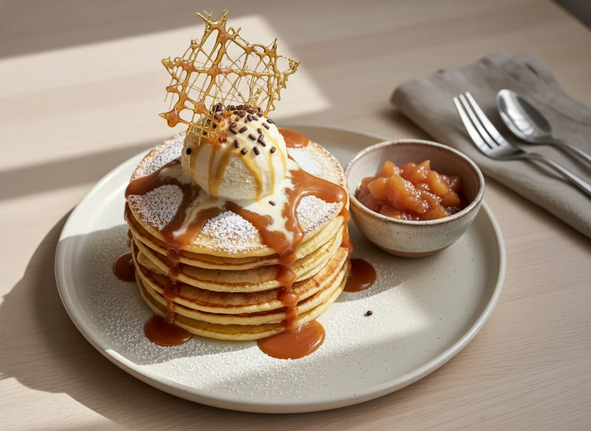 Pancake-Turm mit Eis und Karamell photo