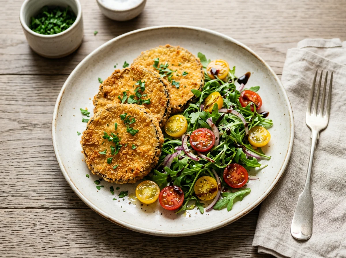 Panierte Aubergine mit Rucola und Tomaten photo
