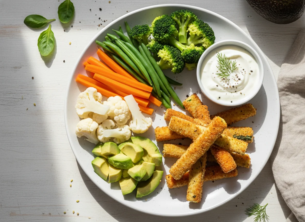 Panierte Gemüsesticks mit Gemüse und Dip photo