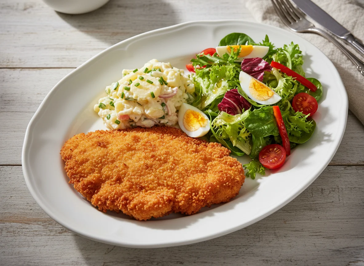 Panierte Hähnchenbrust mit Kartoffel- und Blattsalat photo