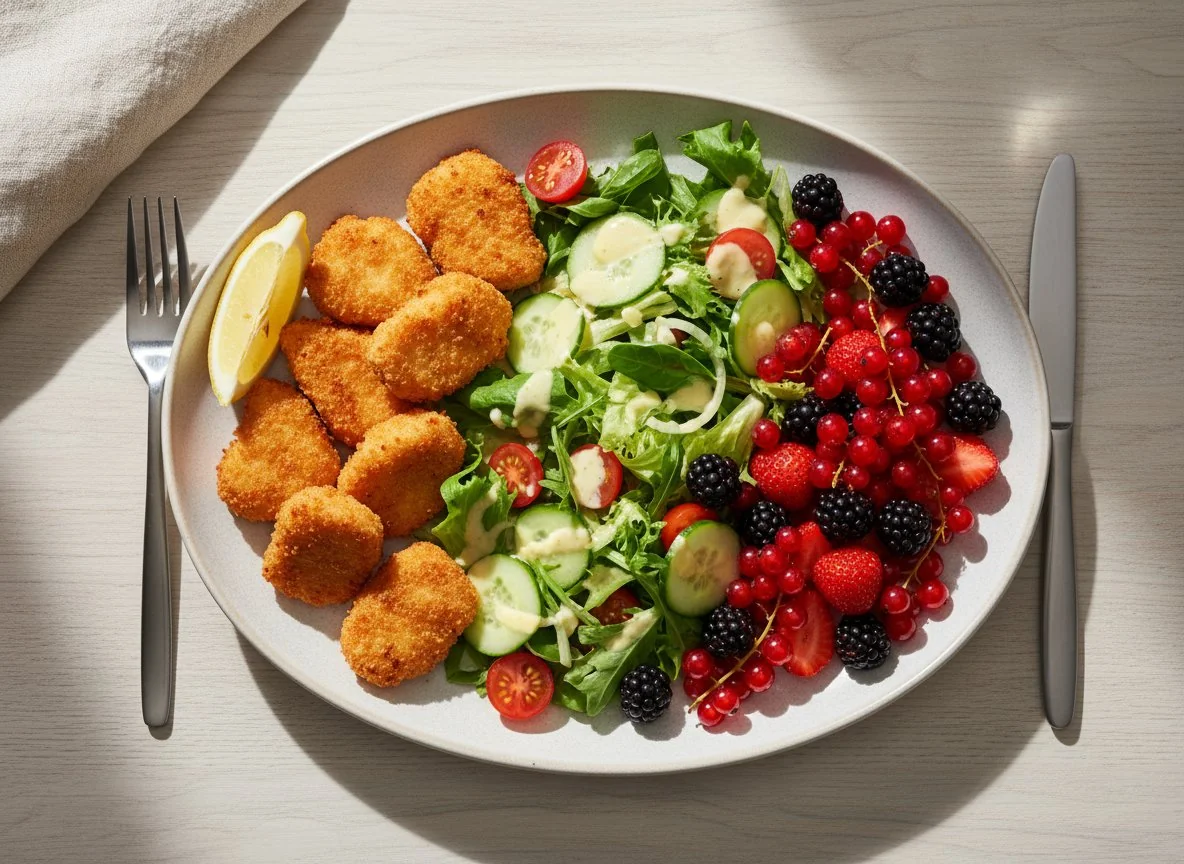 Panierte Pouletnuggets mit gemischtem Salat und Beeren photo