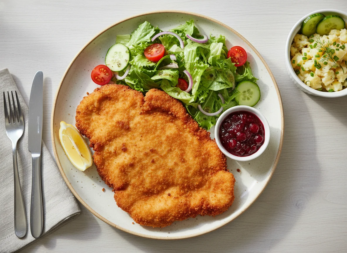 Panierte Schnitzel mit gemischtem Salat und Preiselbeeren photo