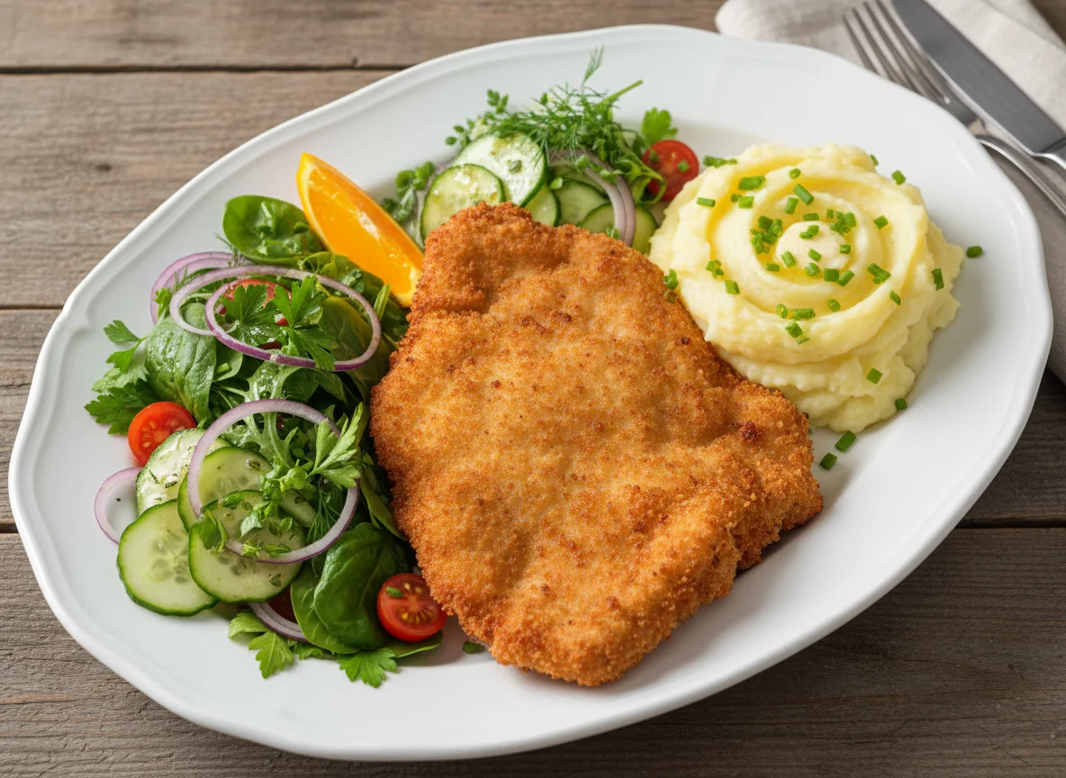 Panierte Schnitzel mit Kartoffelpüree und Salat photo