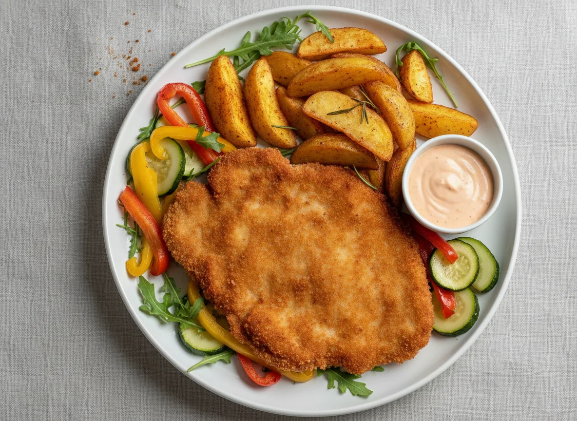 Panierte Schnitzel mit Kartoffelspalten und Sauce photo