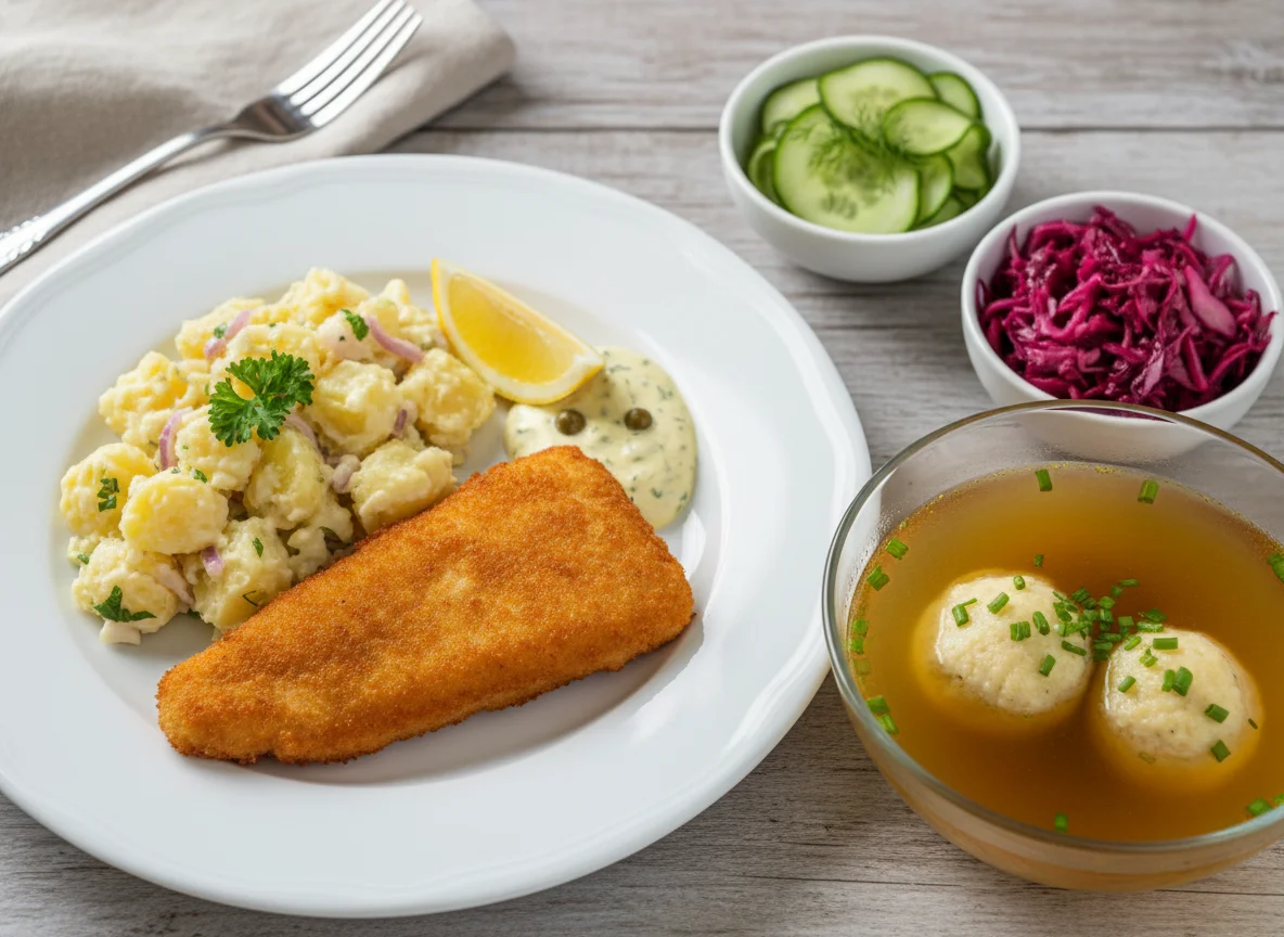 Panierter Fisch mit Erdäpfelsalat und Suppe photo