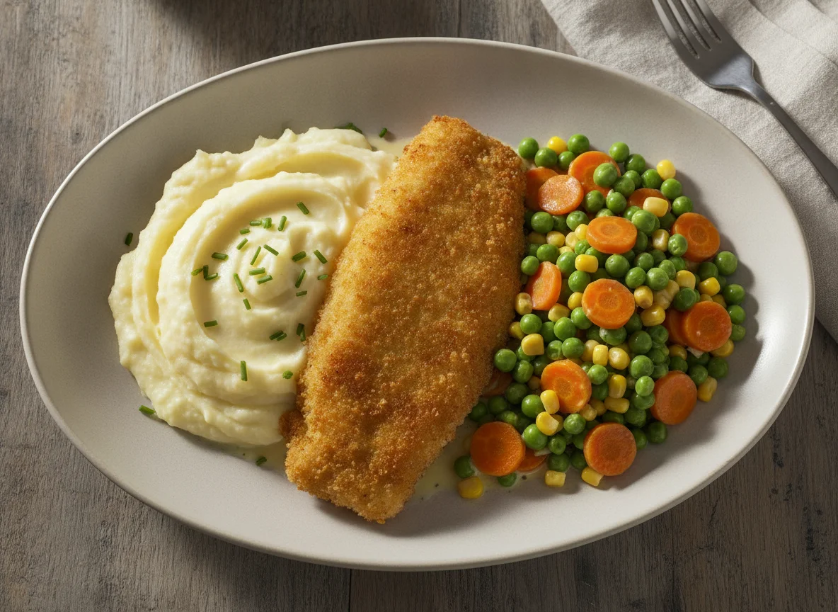 Panierter Fisch mit Kartoffelpüree und Mischgemüse photo