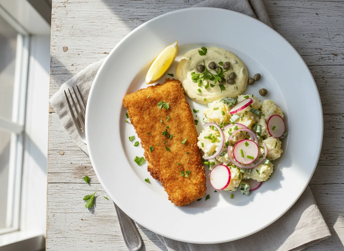 Panierter Fisch mit Kartoffelsalat und Remoulade photo