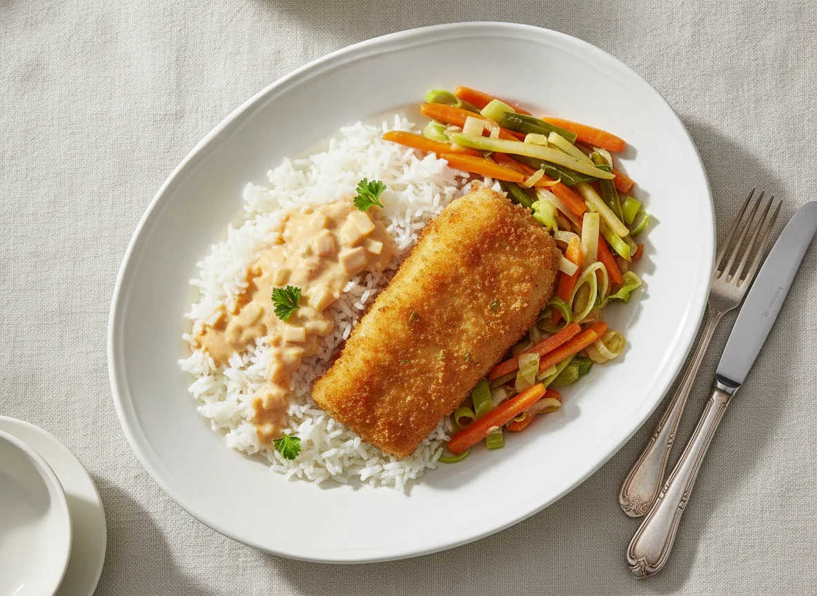 Panierter Fisch mit Reis und Mischgemüse photo