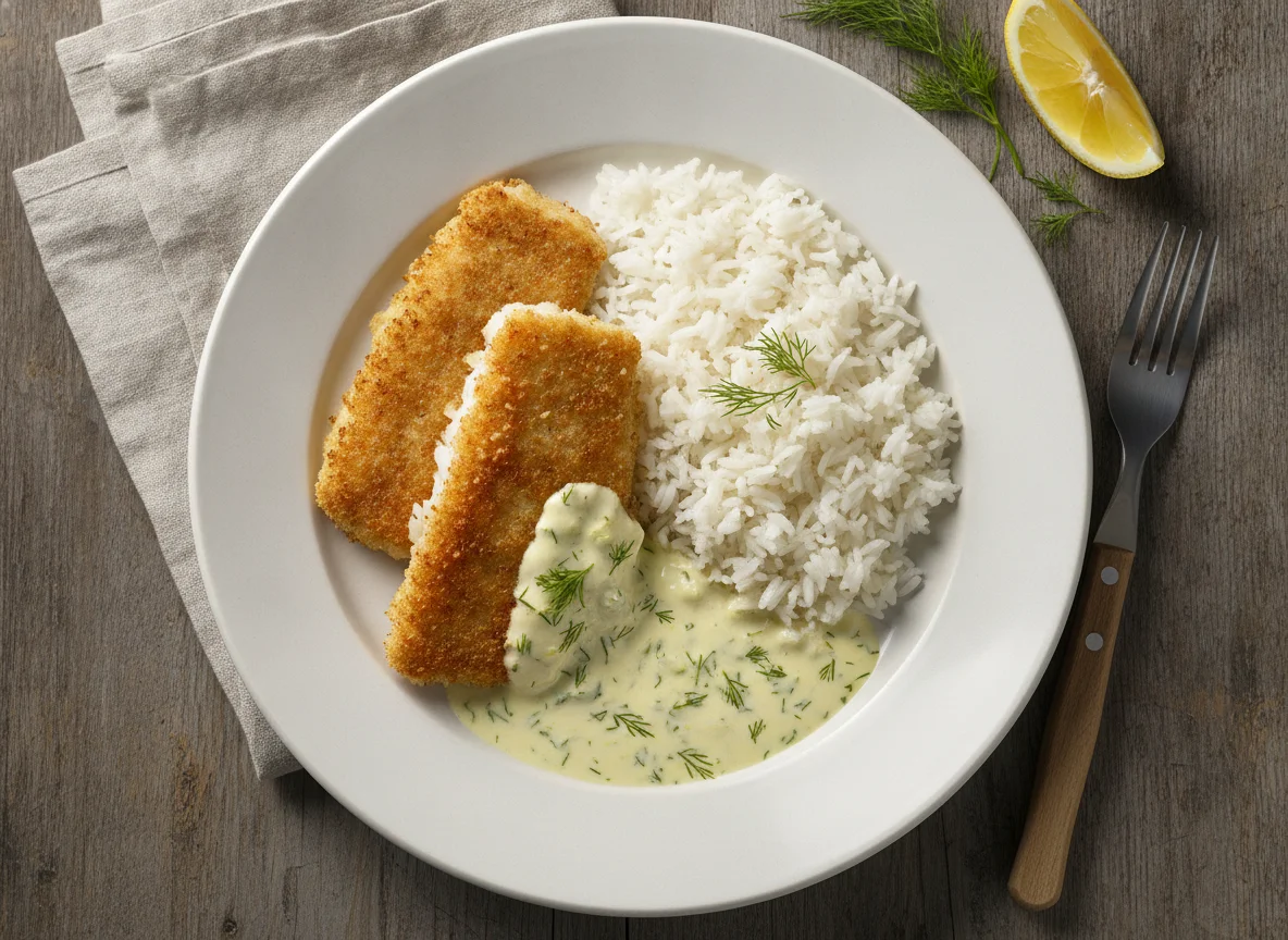 Panierter Fisch mit Reis und Sauce photo