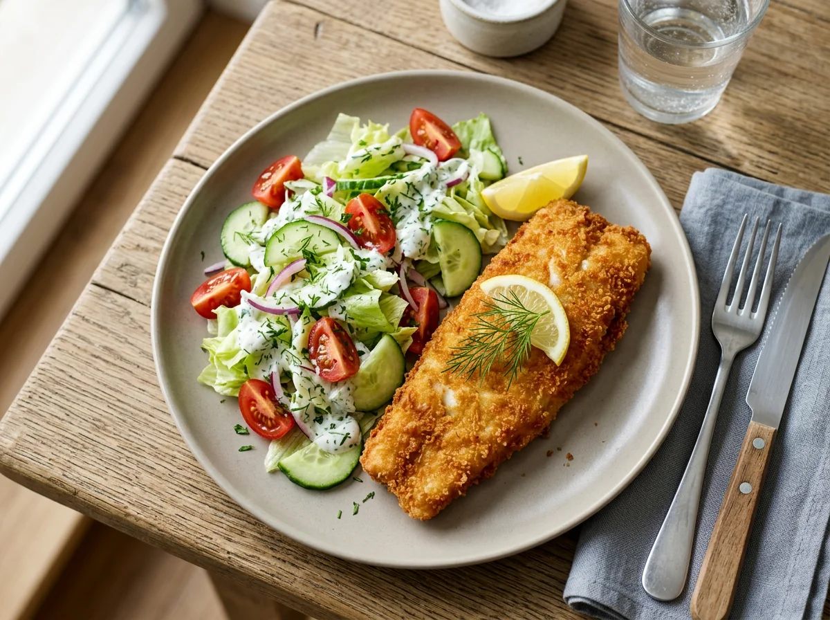 Panierter Fisch mit Salat photo