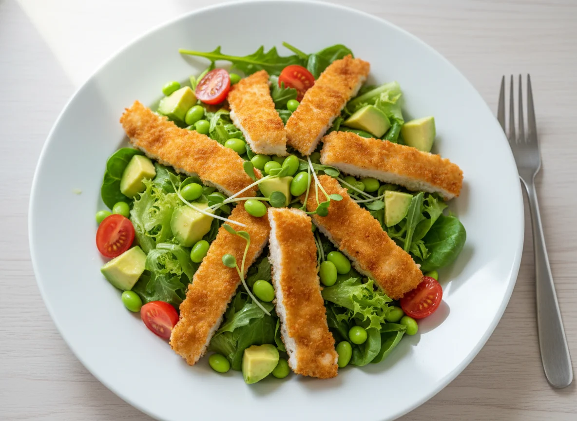 Panierter Hähnchensalat mit Avocado und Edamame photo