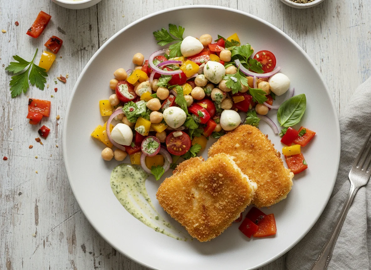Panierter Käse mit Kichererbsen-Mozzarella-Salat und Paprika-Gemüse photo