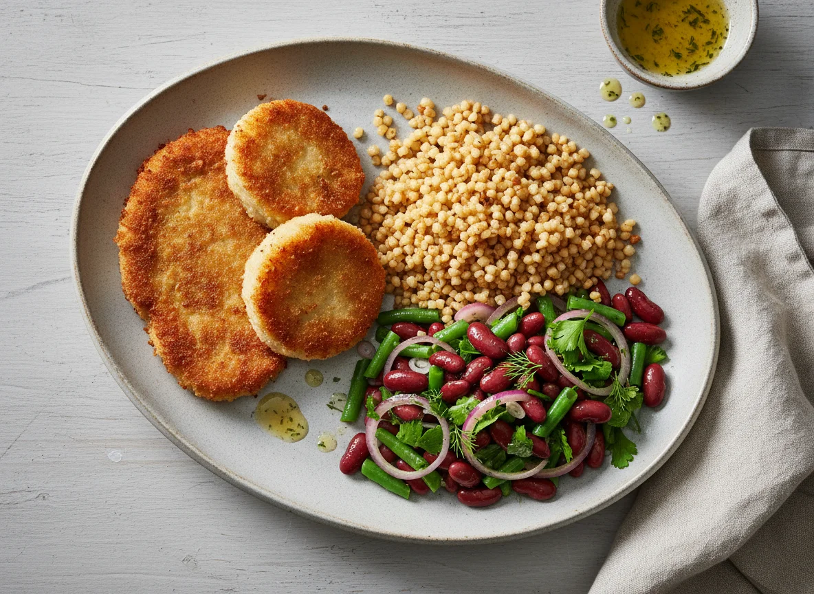 Panierter Sellerie und Tarhonya mit Bohnensalat photo