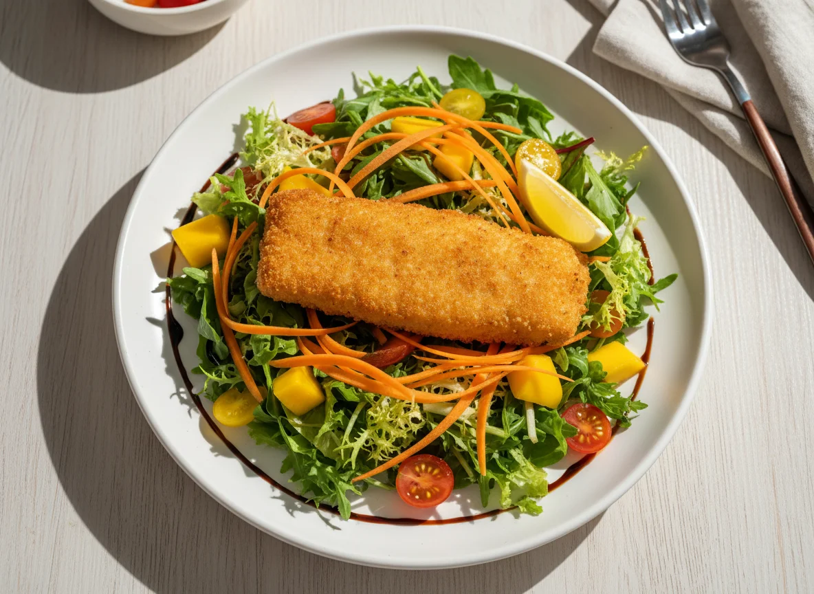 Paniertes Fischfilet auf Salat mit Mango und Karotten photo