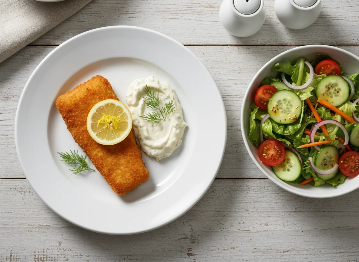 Paniertes Fischfilet mit Beilagensalat und Remoulade photo