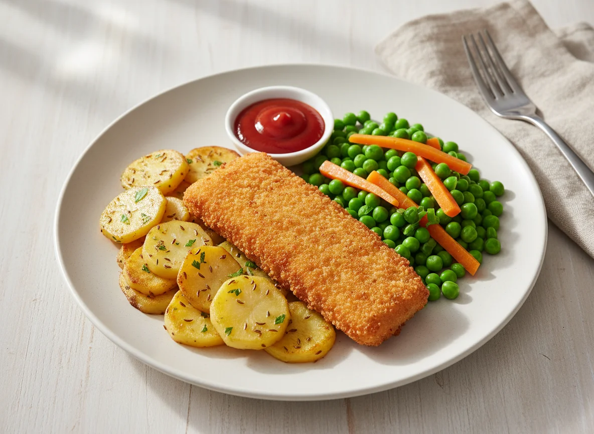 Paniertes Fischfilet mit Bratkartoffeln und Erbsen-Karotten-Gemüse photo