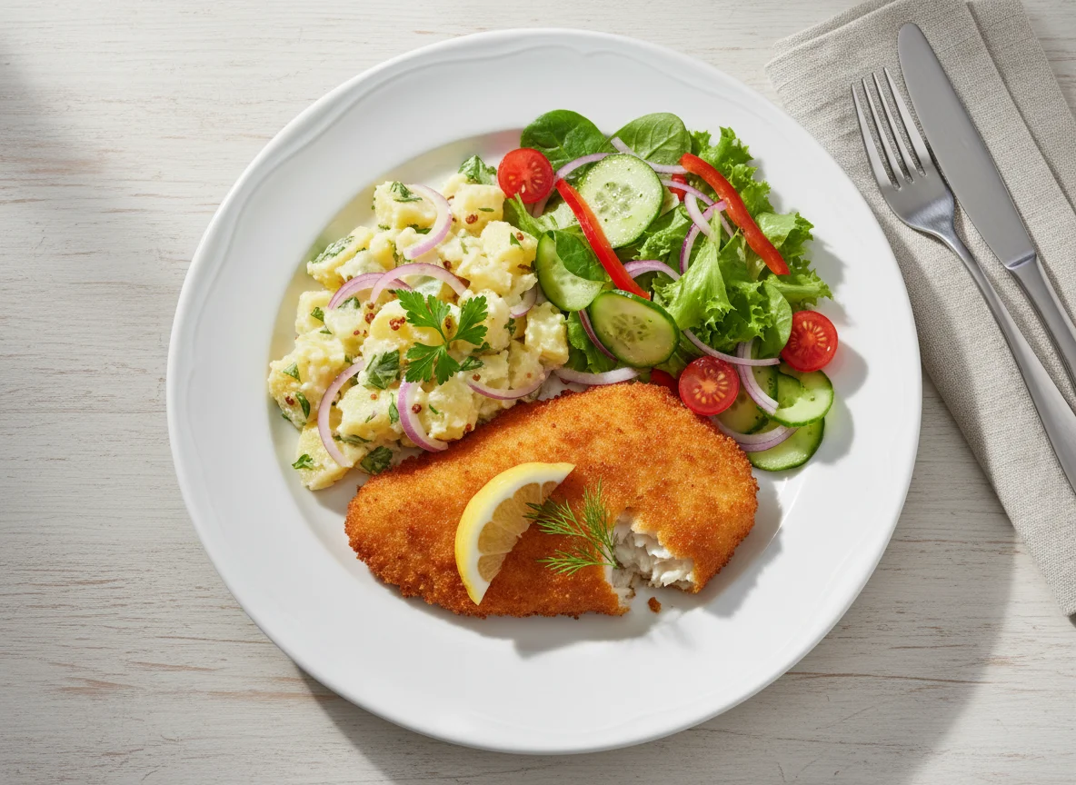 Paniertes Fischfilet mit Erdäpfelsalat und gemischtem Salat photo