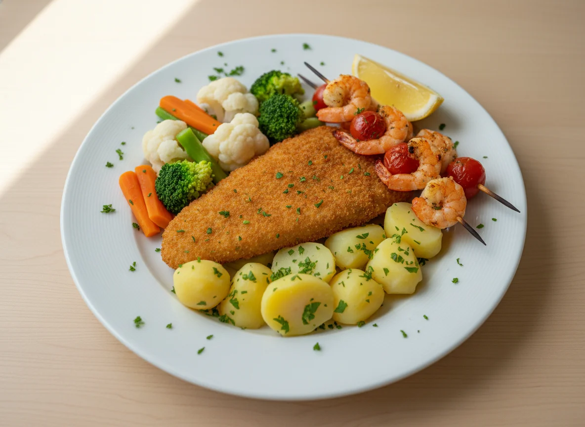 Paniertes Fischfilet mit Garnelenspieß, Petersilkartoffeln und Gemüse photo