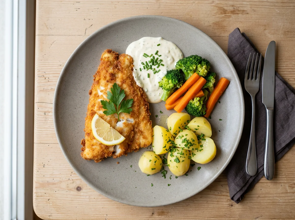 Paniertes Fischfilet mit Gemüse und Sauce photo