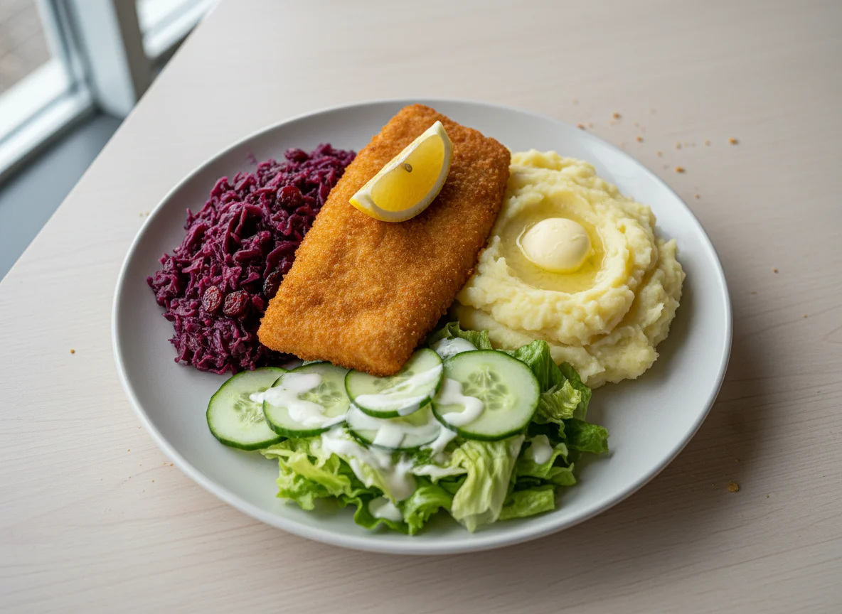Paniertes Fischfilet mit Kartoffelbrei, Rotkohl und Beilagensalat photo