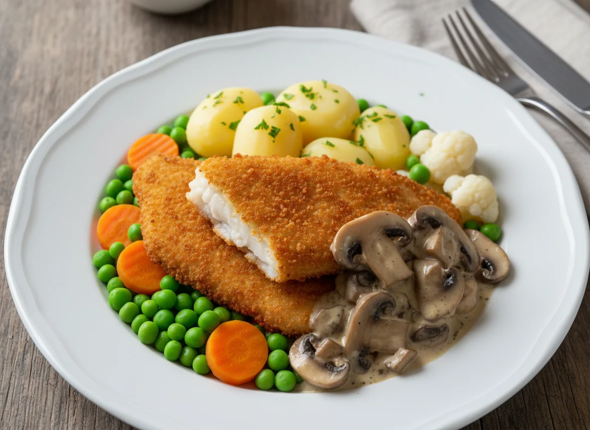 Paniertes Fischfilet mit Kartoffeln, Gemüse und Pilzsoße photo