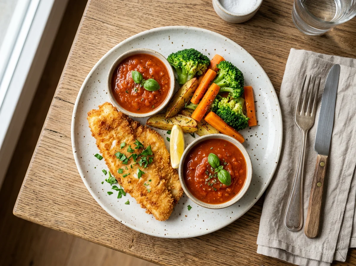 Paniertes Fischfilet mit Kartoffelspalten und Gemüse photo