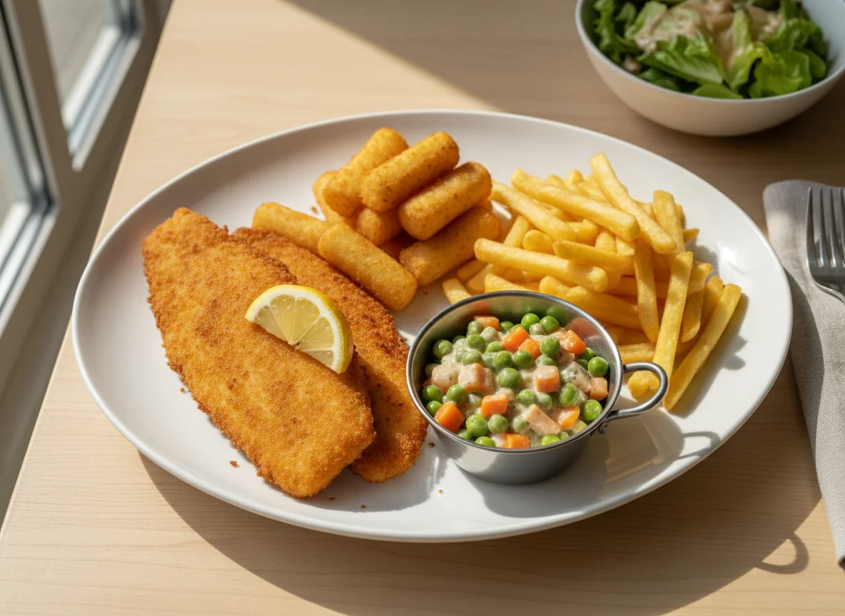 Paniertes Fischfilet mit Kroketten, Gemüse und Pommes Frites photo