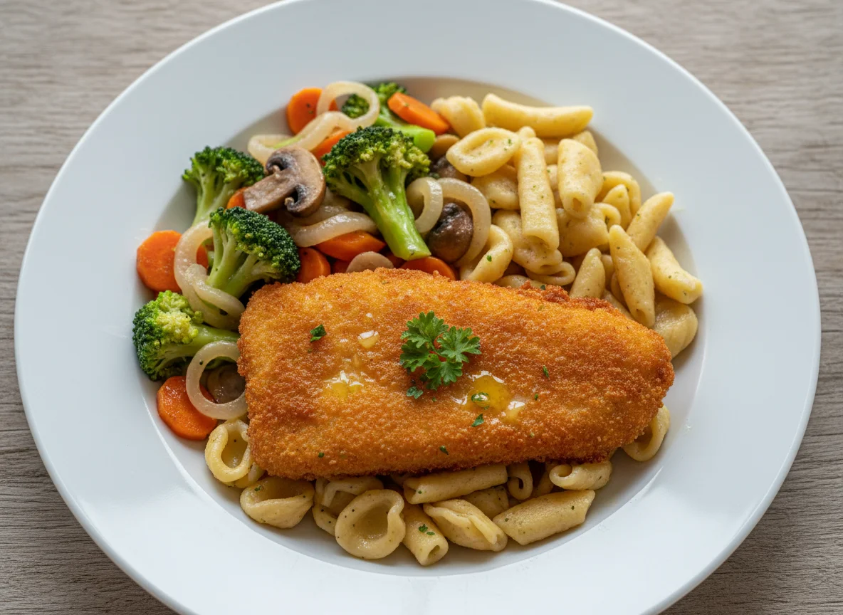Paniertes Fischfilet mit Nudeln und Gemüse photo