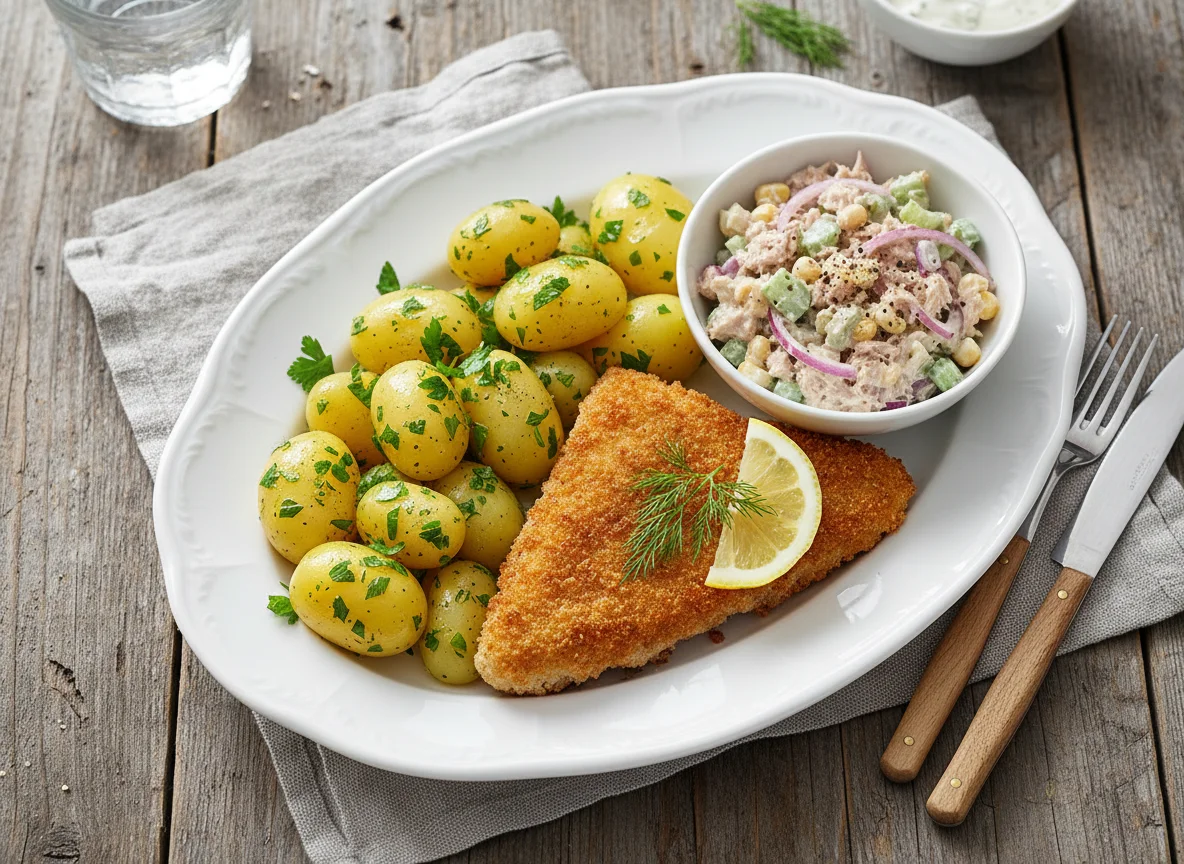 Paniertes Fischfilet mit Petersilkartoffeln und Thunfischsalat photo