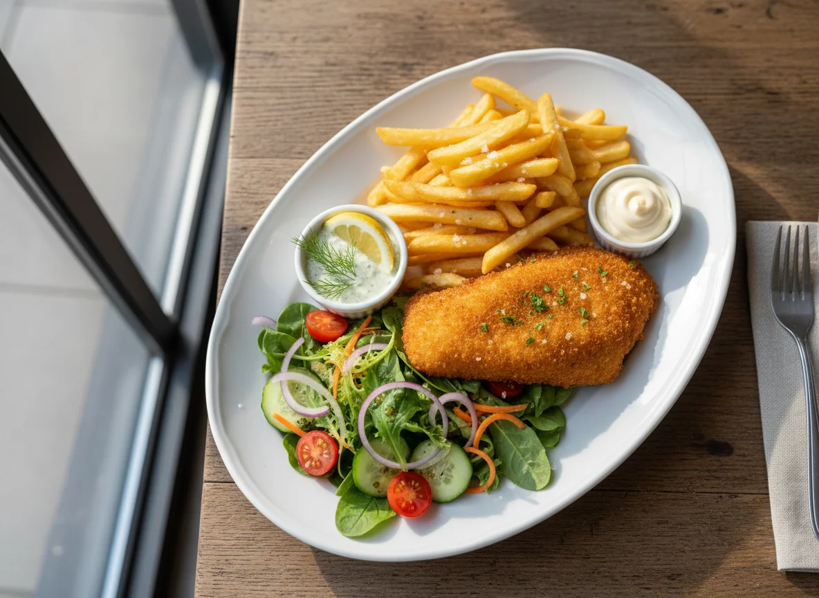 Paniertes Fischfilet mit Pommes Frites und Salat photo