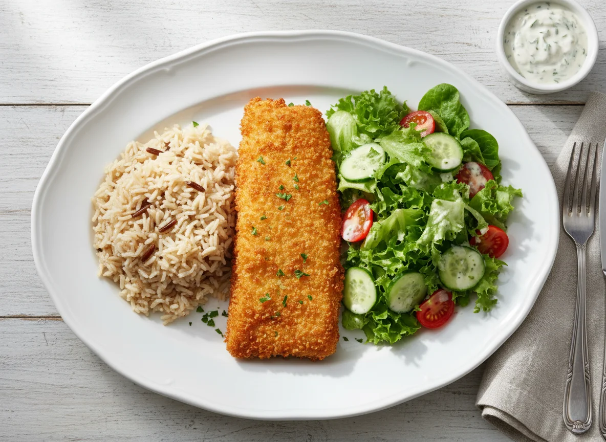 Paniertes Fischfilet mit Reis und Salat photo