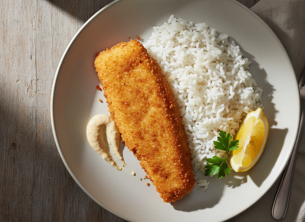 Paniertes Fischfilet mit Reis und Zitrone photo