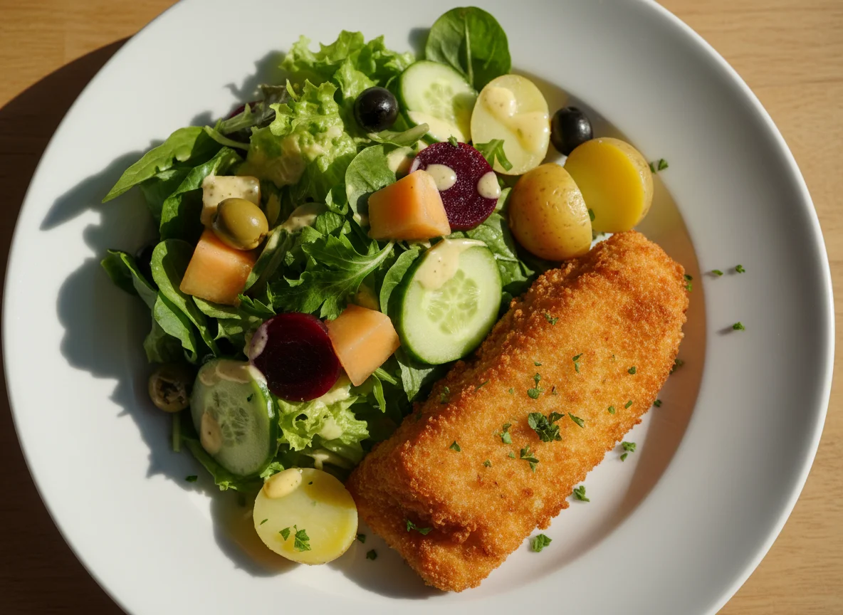 Paniertes Fischfilet mit Salat und Melone photo